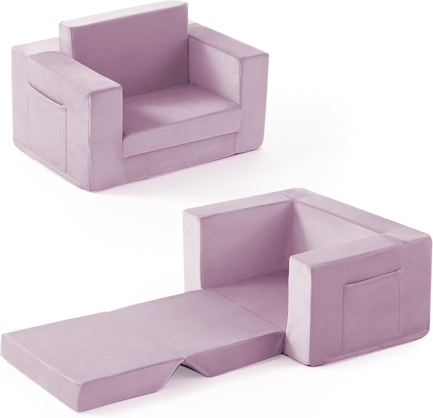 Kids Couch, 2-in-1 Toddler Chair Comfy 1-3 Years, Convertible Kids Chair, Toddler Couch That Fold Out, Kid Lounge Chairs for Boys and Girls Gifts, Kids Recliner, Purple