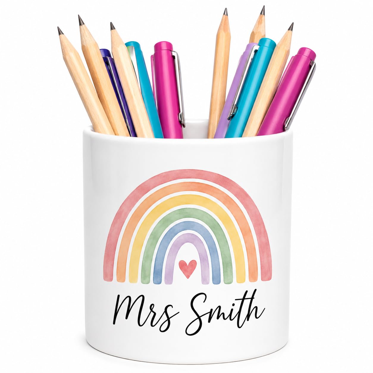 Vacso Trading Personalised Rainbow Teacher Ceramic Pen Pot – Custom Teacher Name Pencil Holder – Boho Rainbow Desk Organiser Teacher Appreciation Gift