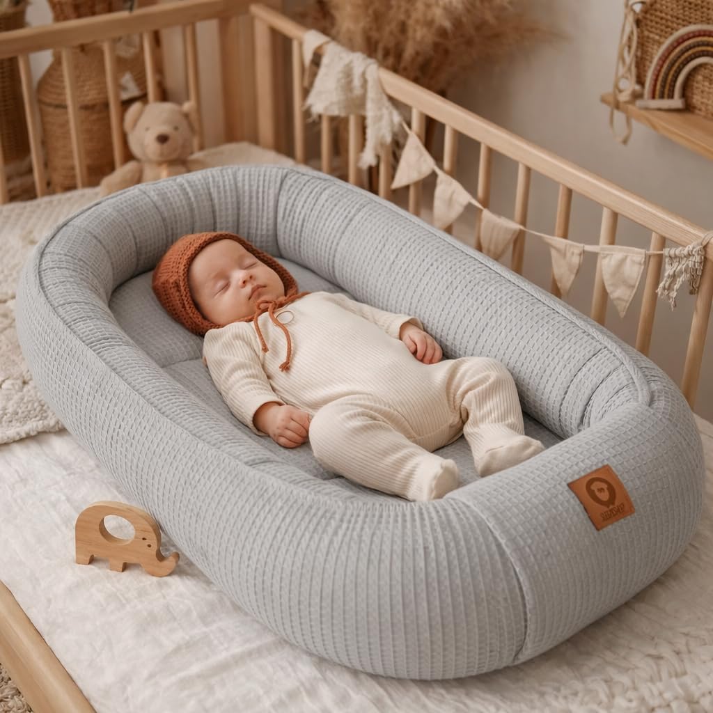Babynestchen Neugeborene – 5-teiliges Baby Set mit Babynest aus Waffelpique Baumwolle – Nestchen Baby für Babybett & Kinderbett – Babykokon Tragbar – OEKO-TEX zertifiziert – Zubehör Babybett - Grau