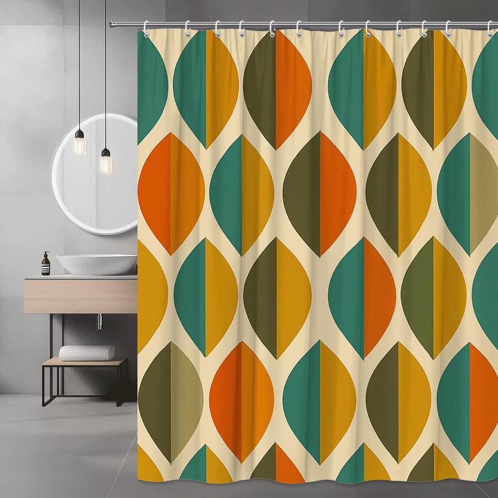 KELAIMI Retro Geometric Shower Curtain,Mid-Century Modern Abstract Leaf Bathroom Curtains,Waterproof Machine Washable Bathtub Curtains with Hooks Yellow 180X180Cm