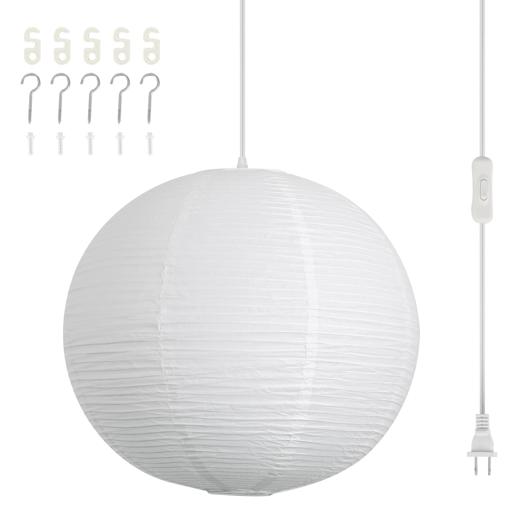 paper lantern lamp plug in hanging lamp, 20in white rice paper pendant light with 19.7ft cord large globe japanese japandi wabi sabi chandelier for dining living room bedroom office 1 pack