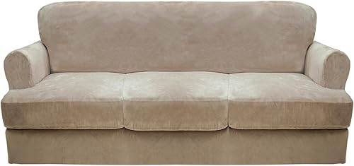 CUCRAF Funda para sofá con cojines en forma de T de 4 piezas, fundas deslizantes, funda de sofá de terciopelo suave y grueso para sala de estar,