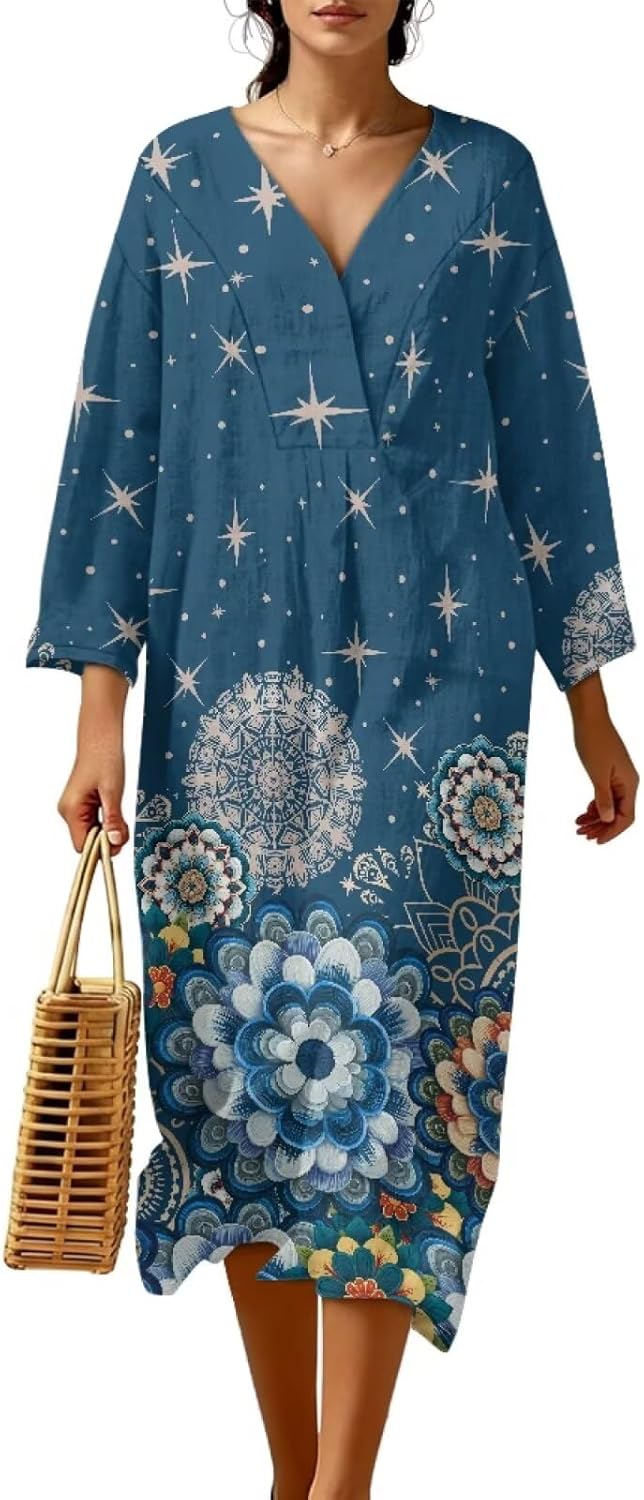 Linen Long V Neck Dress Frocks for Women Stylish Long-Sleeve Walking Dress