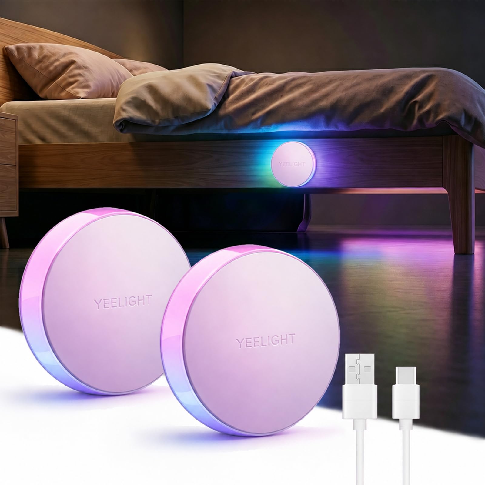 Yeelight Motion Sensor Night Light Rechargeable Color Changing RGB & Warm White, 750mAh Wireless Nightlight Type-C Up to 3 Months Runtime, LED Bathroom Night Light for Hallway, Bedroom, Party (2 Pack)