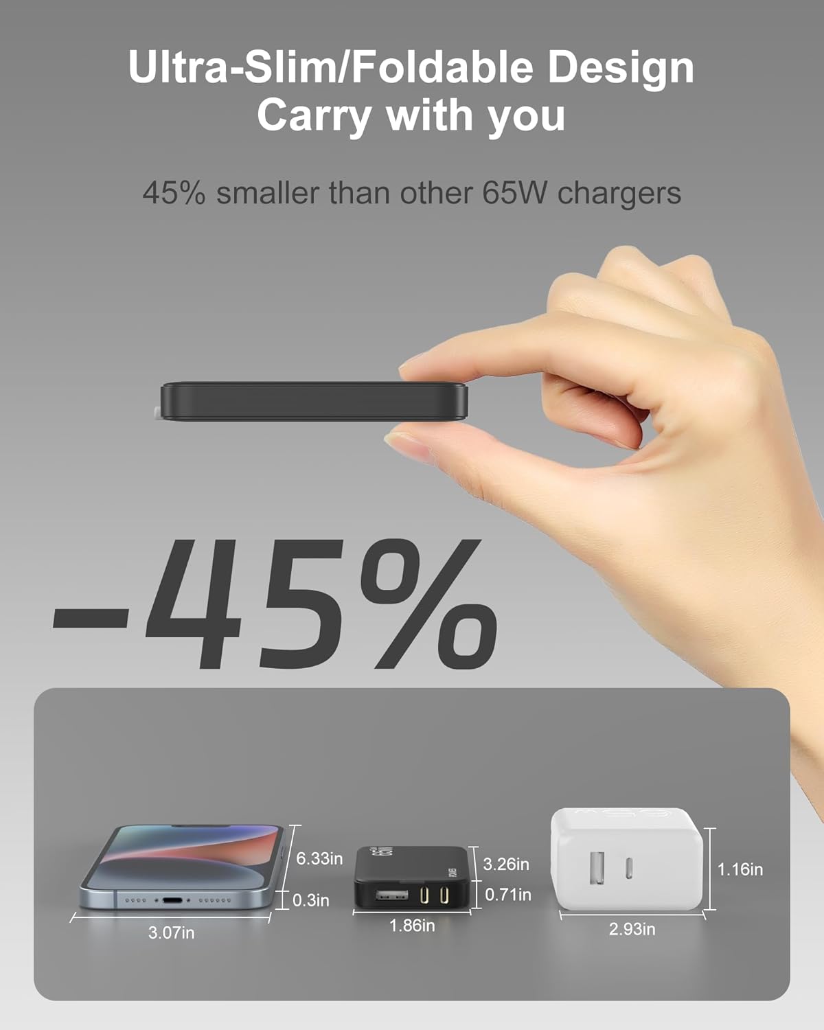 65W GaN USB C Charger, 3-Port Flat USB C Wall Charger with USB A, Fast Charging, Slim, Foldable Plug for MacBook Air, iPad Pro, iPhone 17/16/15 Series, Galaxy(Black-65W)