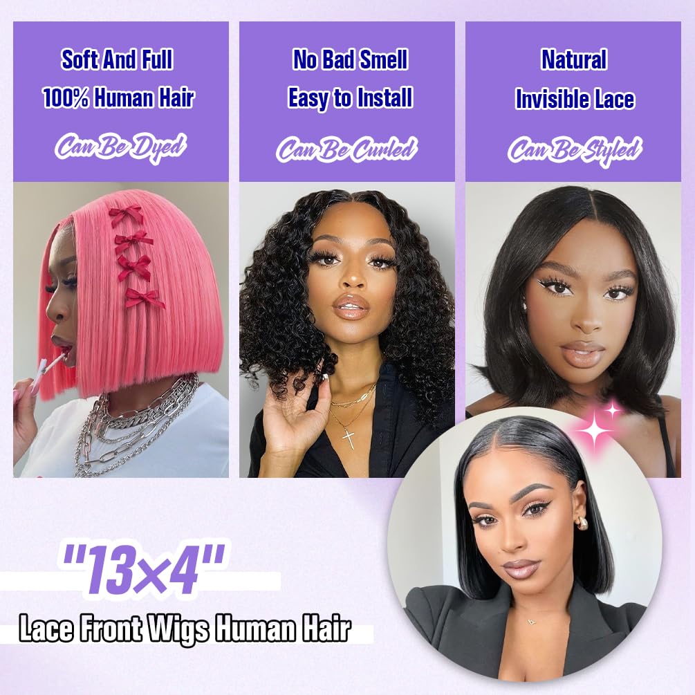 12 Inch Bob Wig Human Hair - Natural Black 13x4 HD Lace Front Wigs Human Hair for Black Women, 180% Density, Natural Hairline, Straight Short Glueless Wigs Human Hair Pre Plucked Pre Cut Bob
