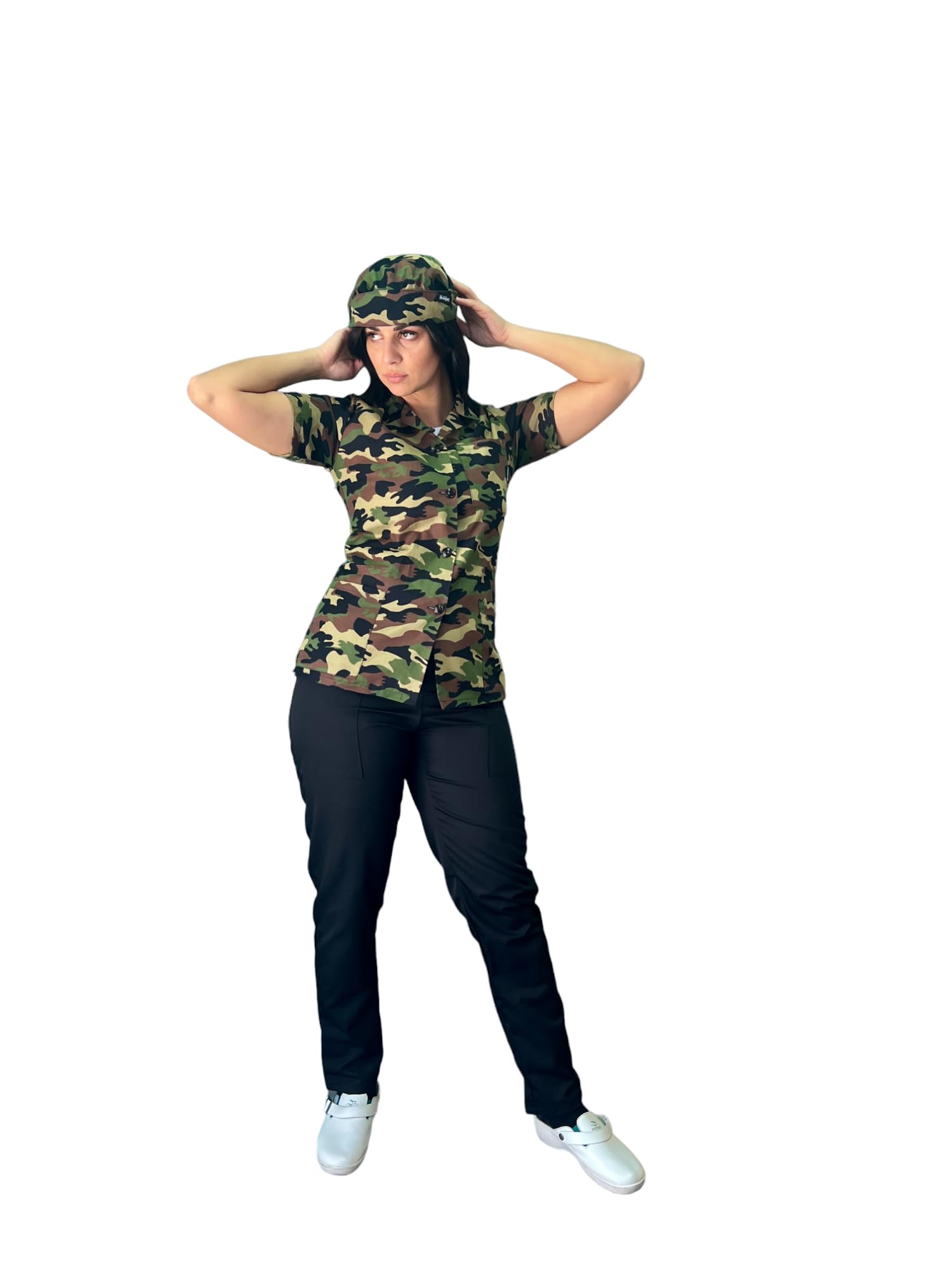 Krankenhausanzug Militärisches Muster Sanitärjacke mit Knöpfen Hose Damen und Herren und Bandana für Kinderarzt Krankenschwester Arzt und OSS