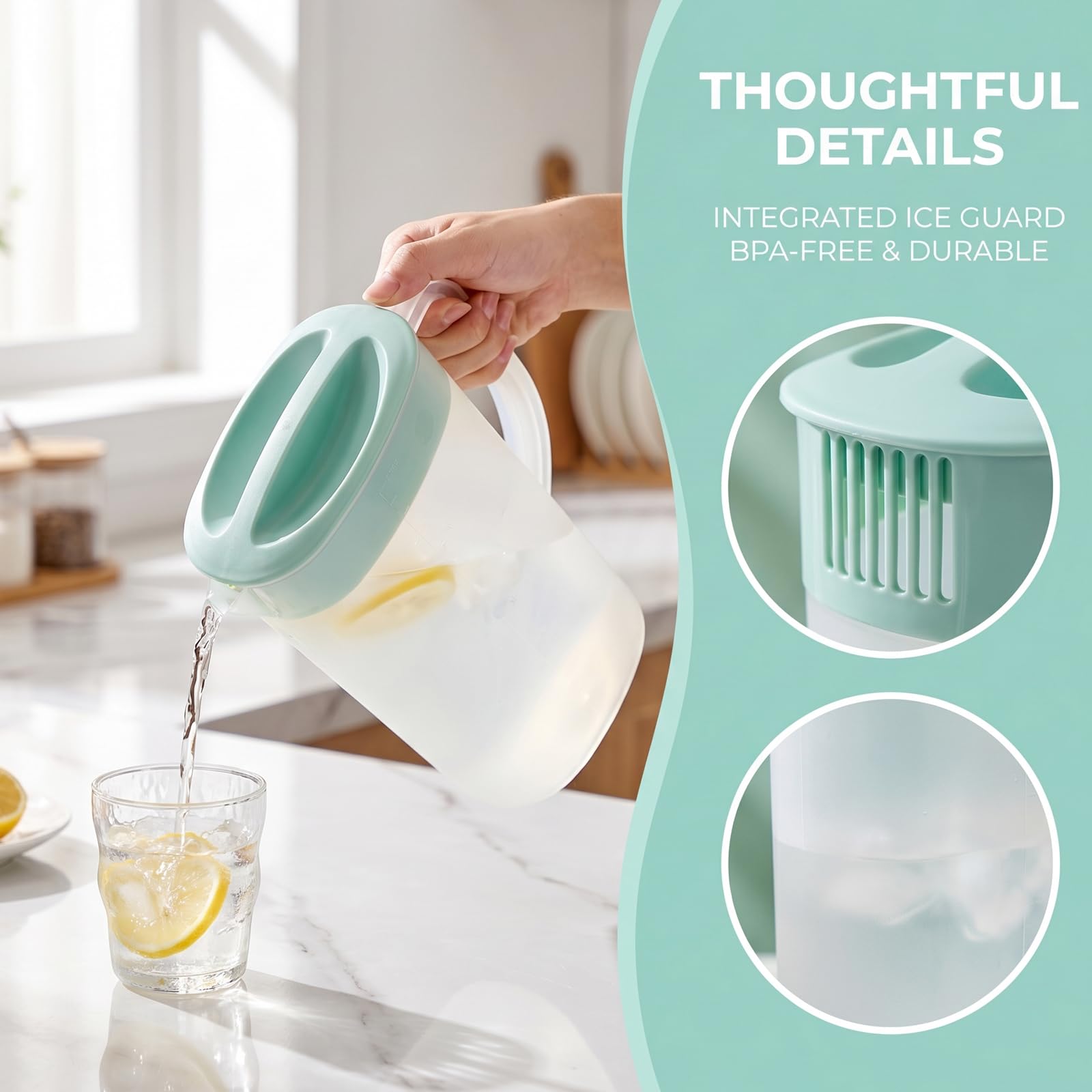 2 boccali in plastica da 2,1 l con coperchio: materiale PP con manico, ampia apertura con coperchio, per la casa e picnic, tè, succhi di frutta, limonata