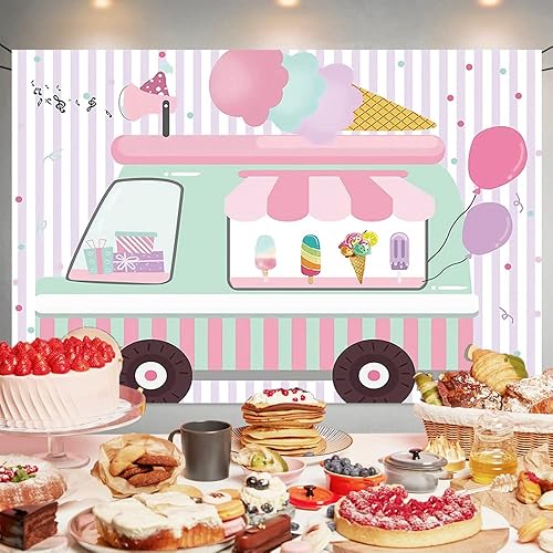 Miniatura 2 de Cartel de fondo con temática de camión de helados, pancarta de fondo de fotografía de cumpleaños para bebés y niñas, decoración de fondo para tartas