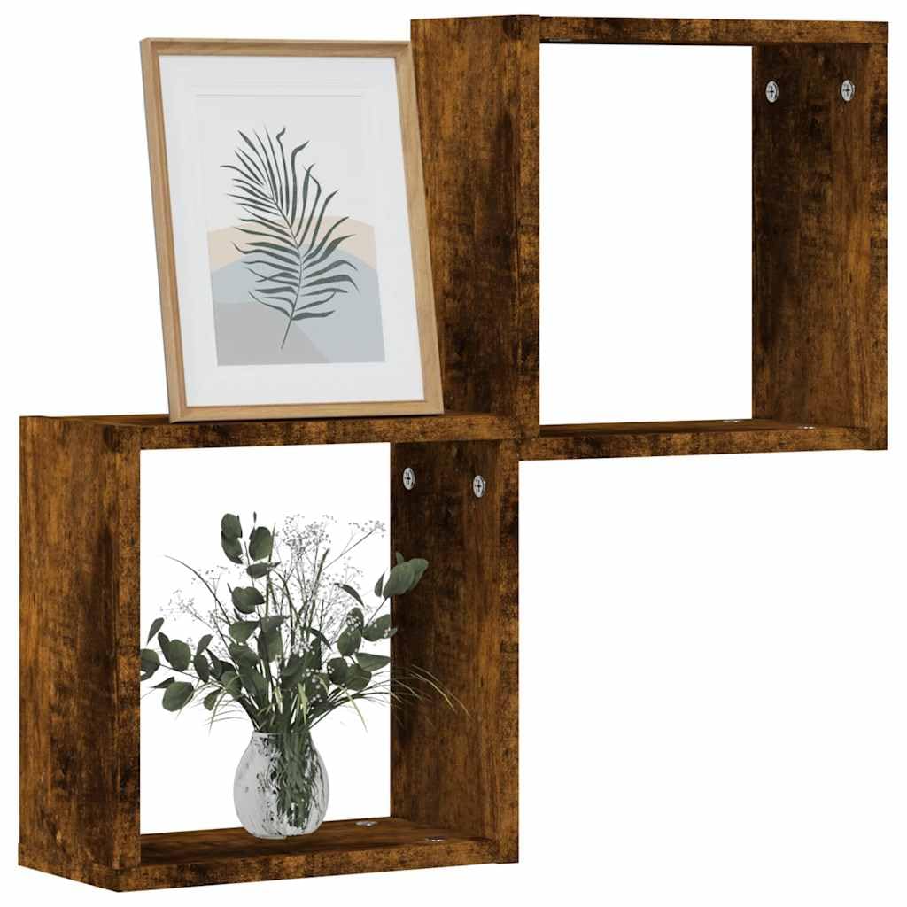 vidaXL Wall Cube Shelves 2 pcs Smoked Oak 30x15x30 cm, cube storage, cube organiser, floating shelf, cube shelf, cube storage organiser