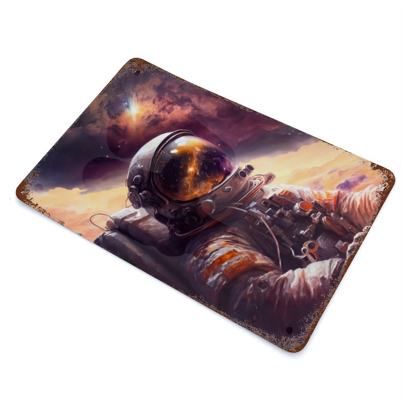 Distressed Metal Wall Sign Astronaut Reflection 11.8"x7.9", Vintage Wall Decor for Garage, Bar And Workshop Decor