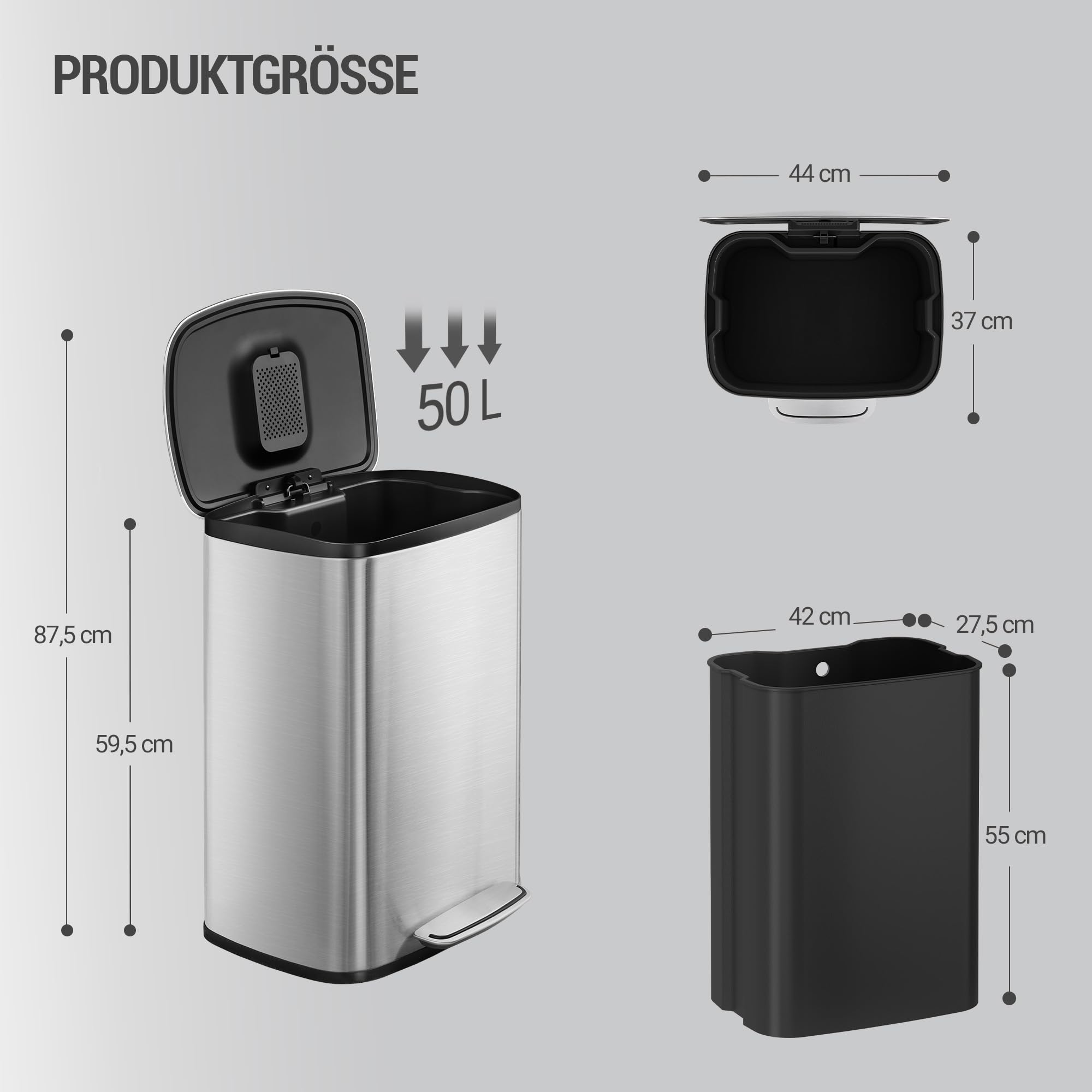 Hzuaneri Mülleimer Küche, 50 Liter Abfalleimer mit Tretpedal, Tretmülleimer mit Softclose-Deckel und Inneneimer, Küchenmülleimer mit 15 Müllbeuteln, Stahl, Silber SW15099E
