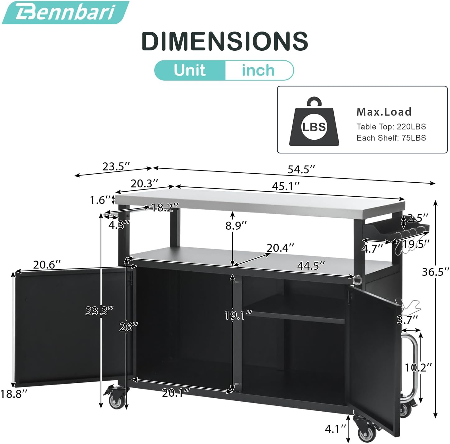 Outdoor Kitchen Island with Stainless Steel Top, Metal Grill Table with Storage, Rolling Storage Island, Kitchen Cart on Wheels, 54 Inch Width (Black)
