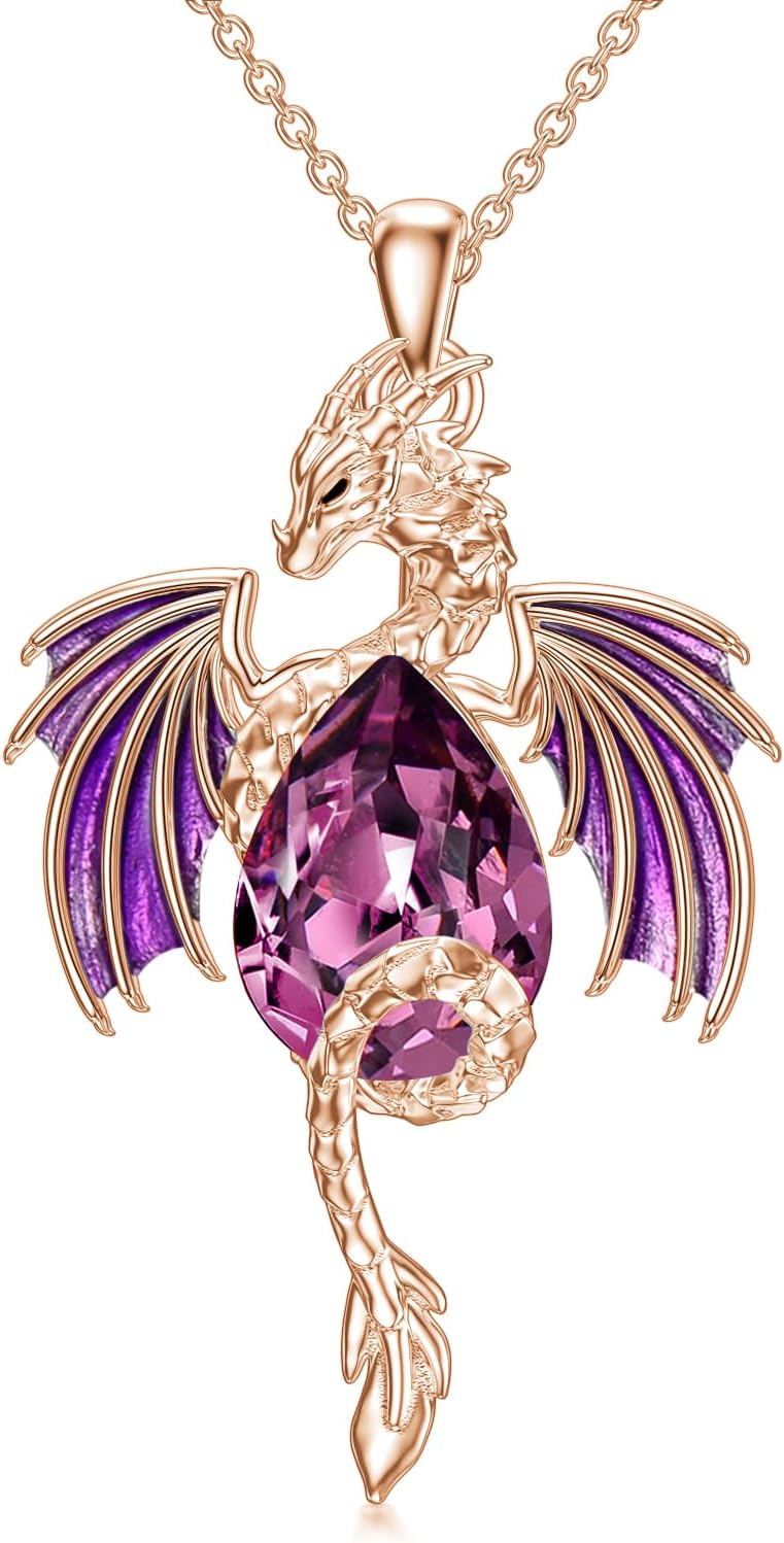 Dragon Necklace for Men Sterling Silver Birthstone Wyvern Necklace Embllished with Teardrop Shaped Crystal Jewelry for Women