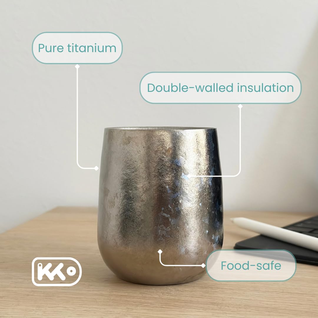 IKKO Tazza in titanio da 240 ml, a doppia parete, di alta qualità, in puro titanio, insapore, design senza tempo, per caffè, tè, cocktail e uso quotidiano