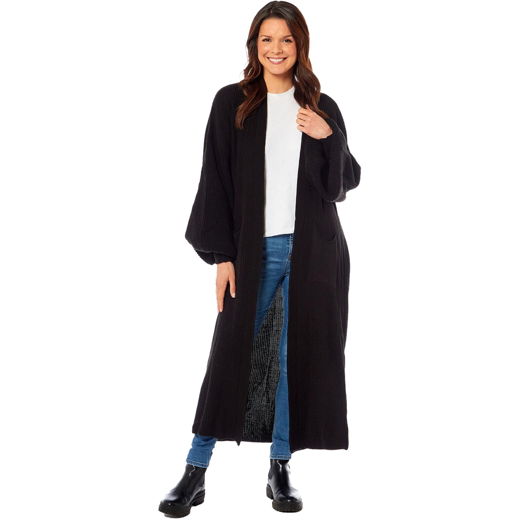 Ladies Oversized Long Cardigan Balloon Sleeve Chunky Ribbed Open Knitted Maxi Pocket Jumper Sweater