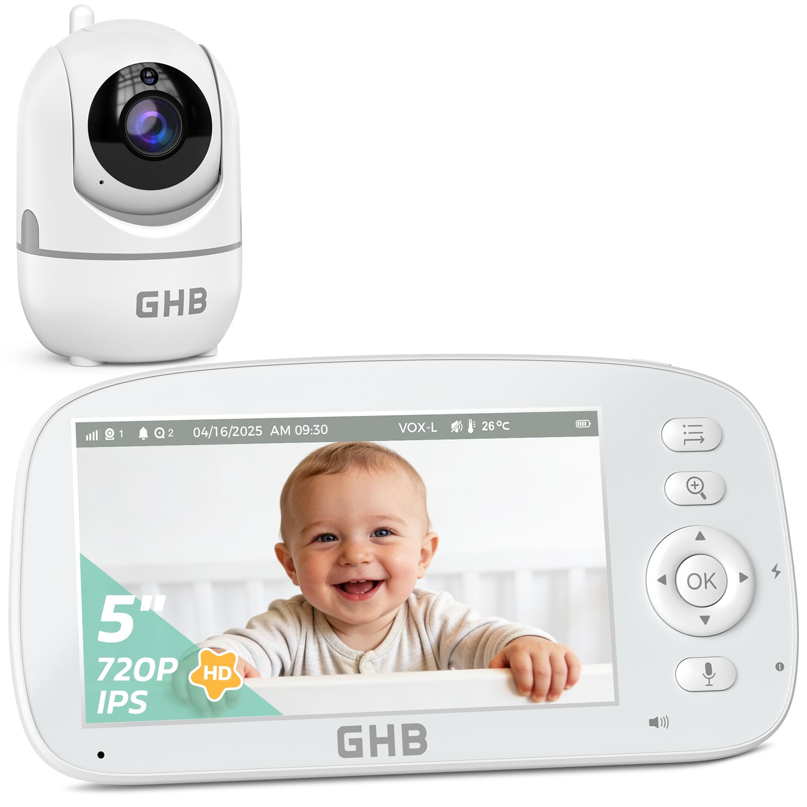 GHB Camara Vigilacia Bebe 5 Pulgadas 720P Pantalla IPS de Batería de 5000mAh Vigilabebes PTZ 350°/110° Pantalla Dividida, 4XZoom, Visión Nocturna, Comunicación Bidirecciona Escucha Bebe