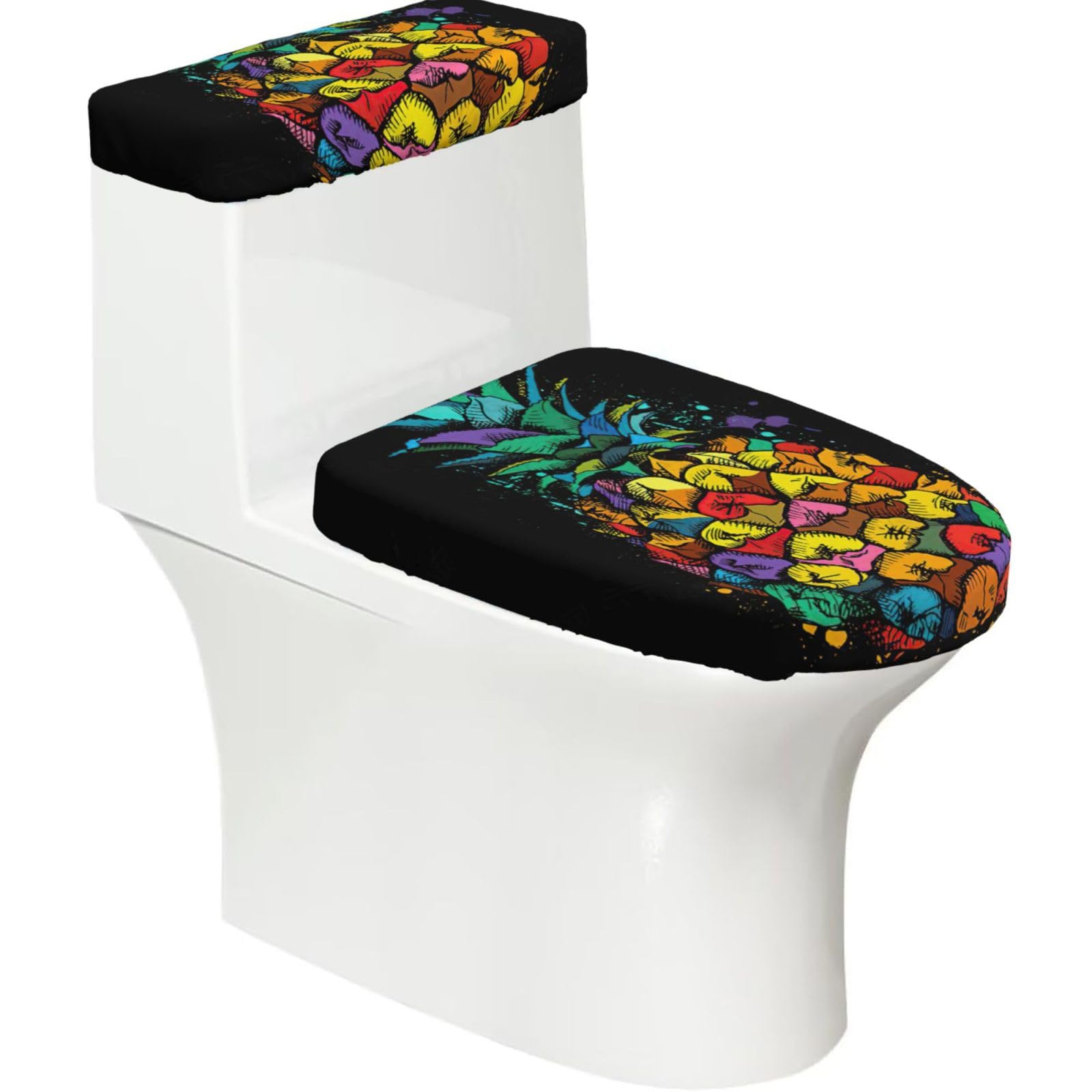 Colorful Pineapple Print 2-Piece Stretch Toilet Cover Set, Elastic Breathable Toilet Seat and Tank Lid Protector