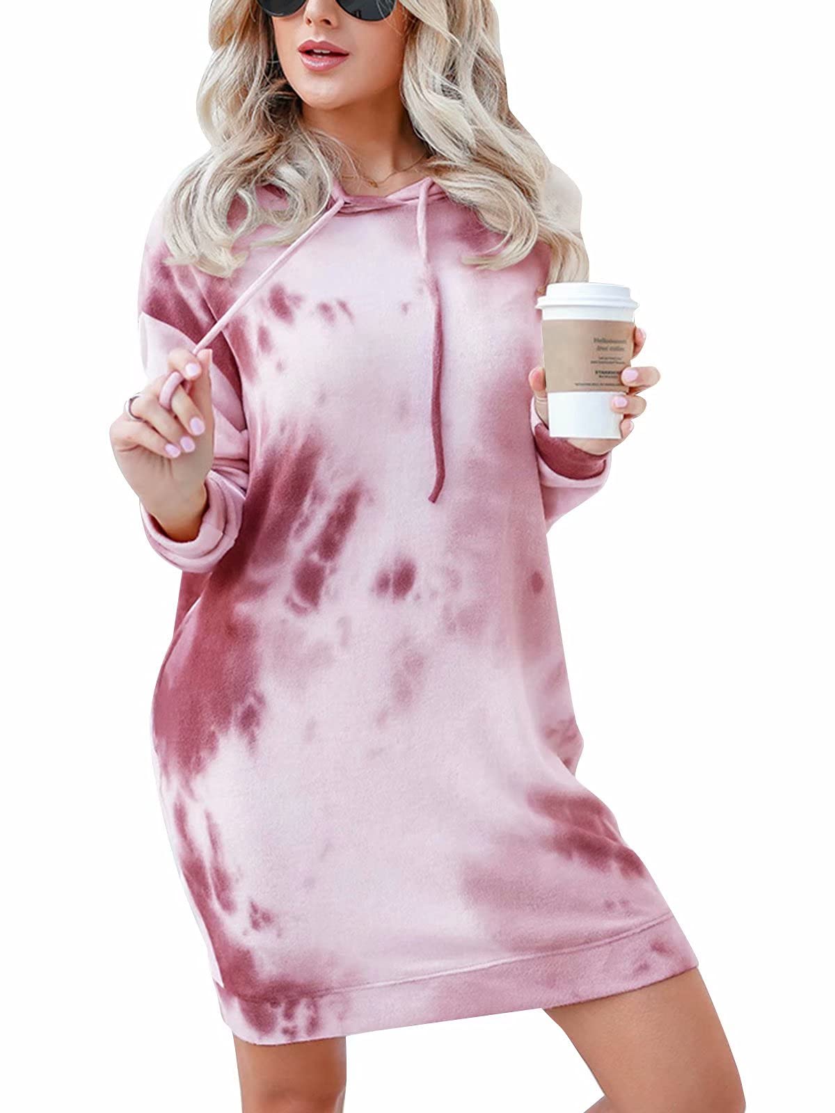 Women's Hoodie Long Dress Tie-Dye Printed Tunic Pullover Loose Hoodie Sweatshirt