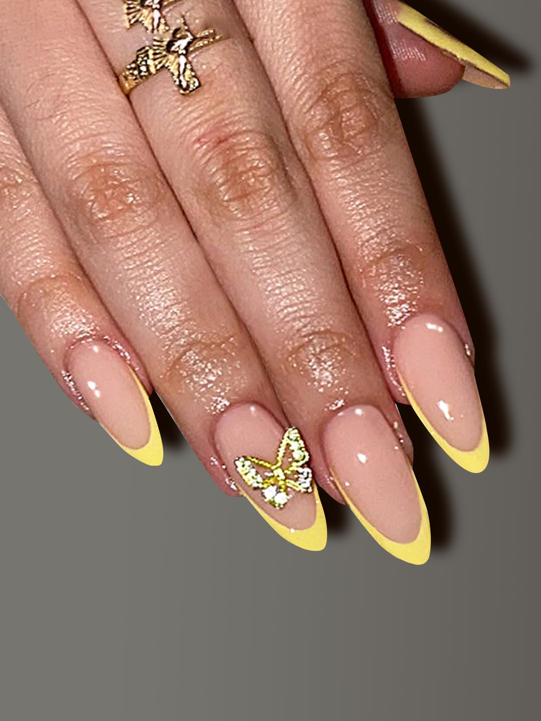 Secret Lives Premium Glossy Reusable Artificial Translucen Pink & Yellow Tips With 3D Bow Fake False Press On Nails 24 Pieces Set With Kit-image-24
