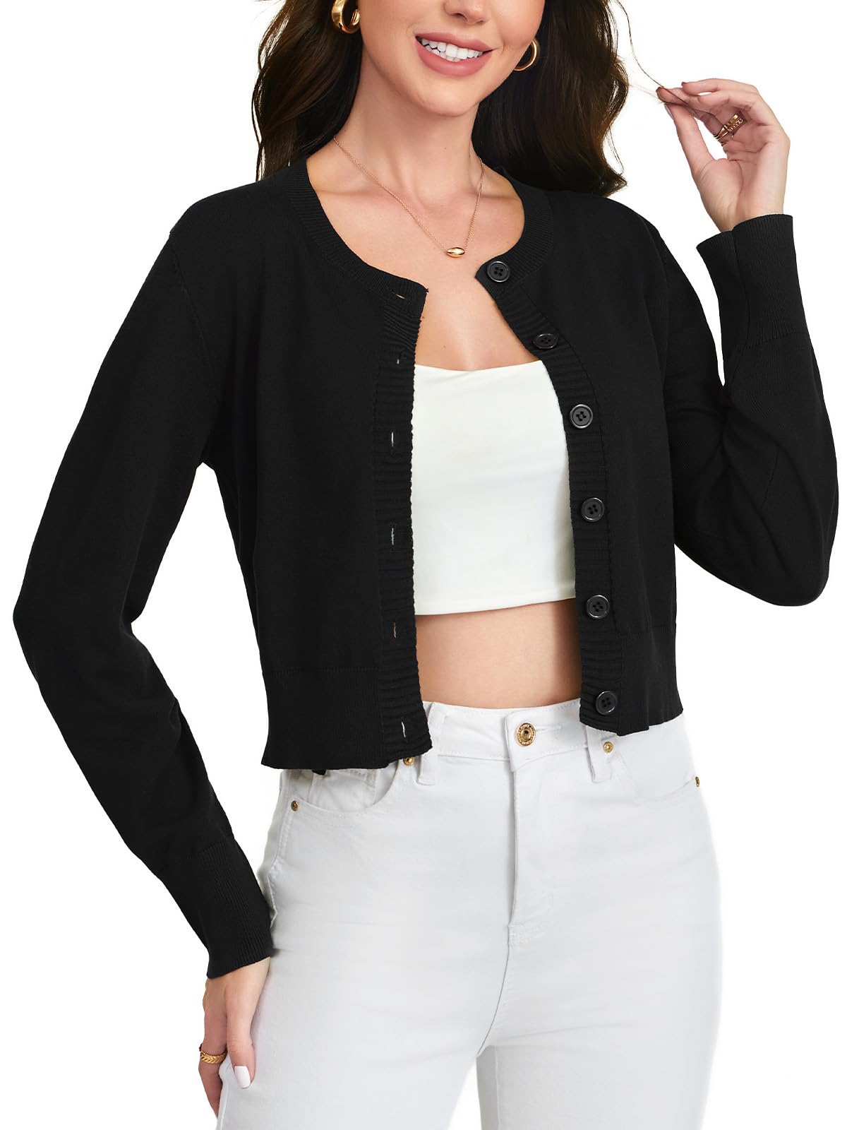 Monbessi Strickjacke Damen Kurz Rundhals und Knöpfen Cardigan Damen Langarm Bolero Jäckchen für Arbeit, Verabredungen, Zuhause