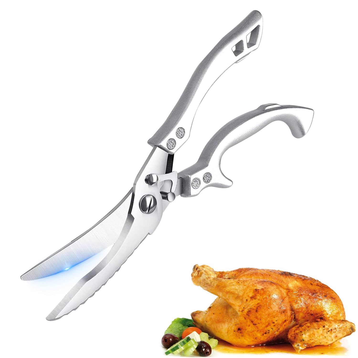 Tijeras para Aves, Tijeras Afiladas de Cocina, Tijeras para Aves de Acero Inoxidable con Mangos Ergonómicos, Tijeras para Carne para, Ganso, Pavo o Pavo (Plata)