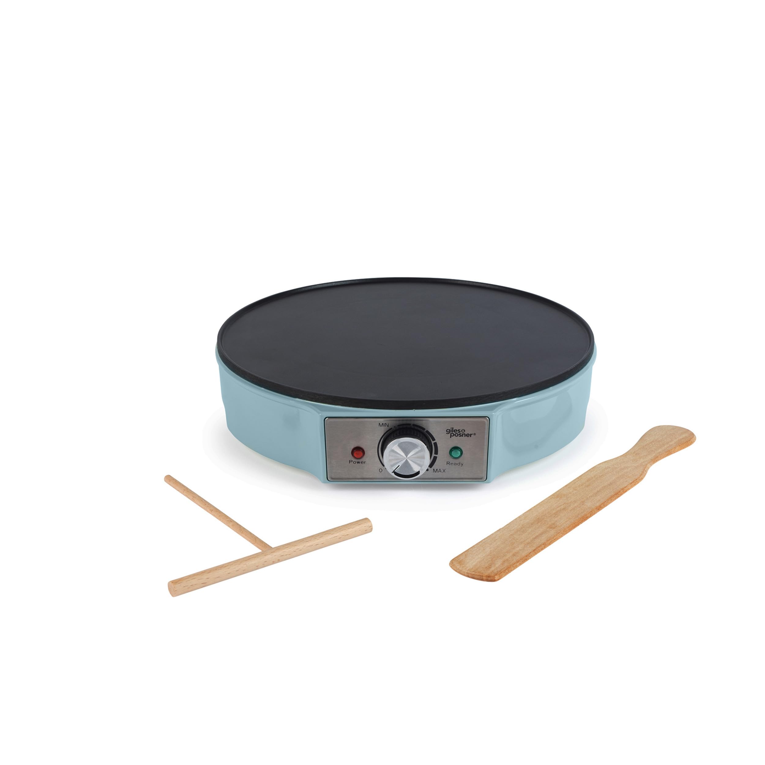 Giles & Posner Crêpière – Plaque Chauffante Électrique pour Crêpes, Antiadhésive, Grande Plaque de 30 cm (12”), Température Ajustable, Répartiteur de Pâte & Spatule, 1000W, Bleu
