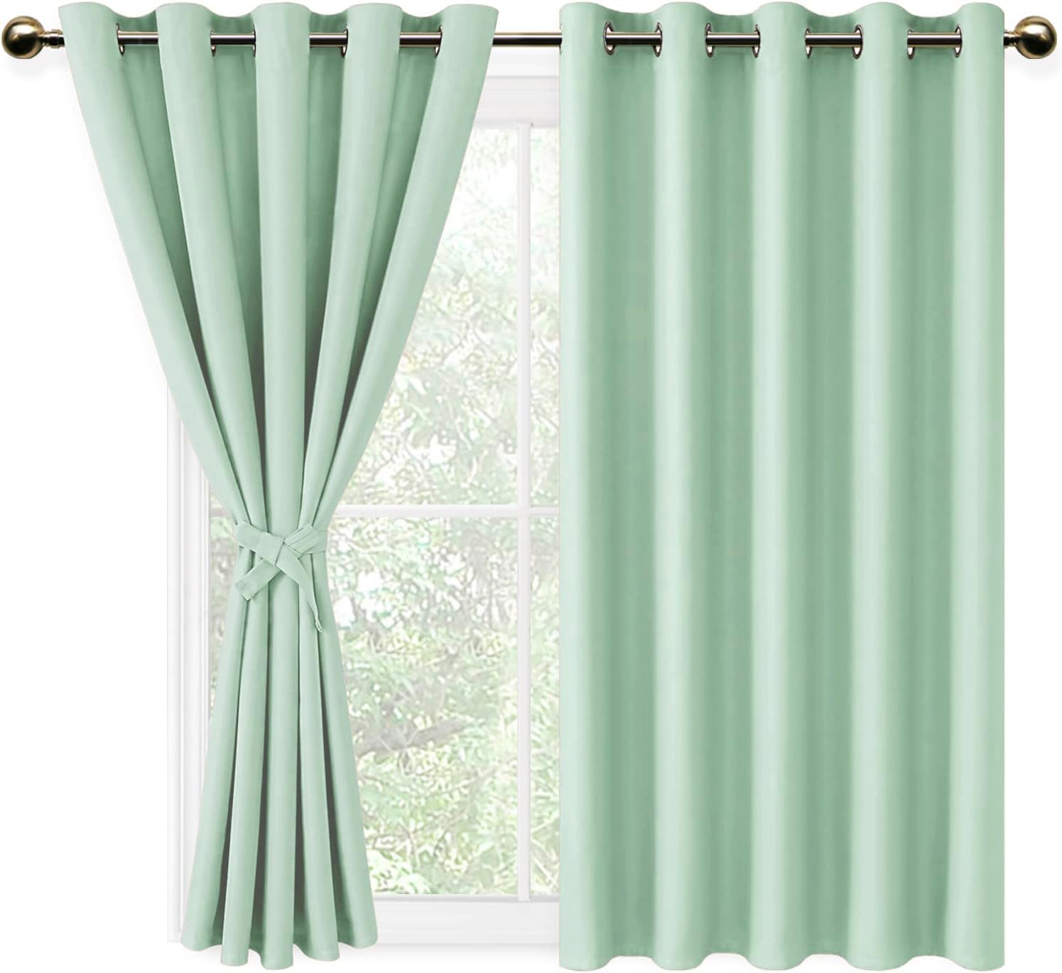 DWCN Blackout Curtains 66x54 with Tiebacks Thermal Insulated Solid Eyelet Curtains for Bedroom,2 Panels, Bean Green