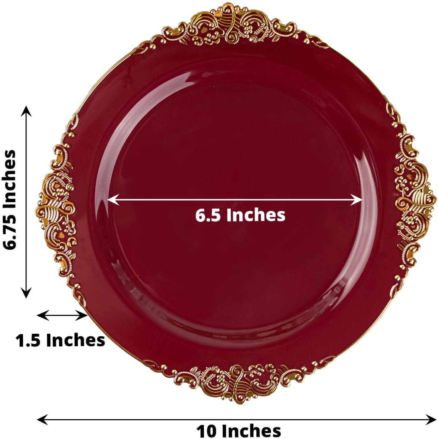 Efavormart 10 Pack | 10" Burgundy and Gold Baroque Dinner Plates, Leaf Embossed Metallic Rim Heavy Duty Serving Plates for Autumn Banquets
