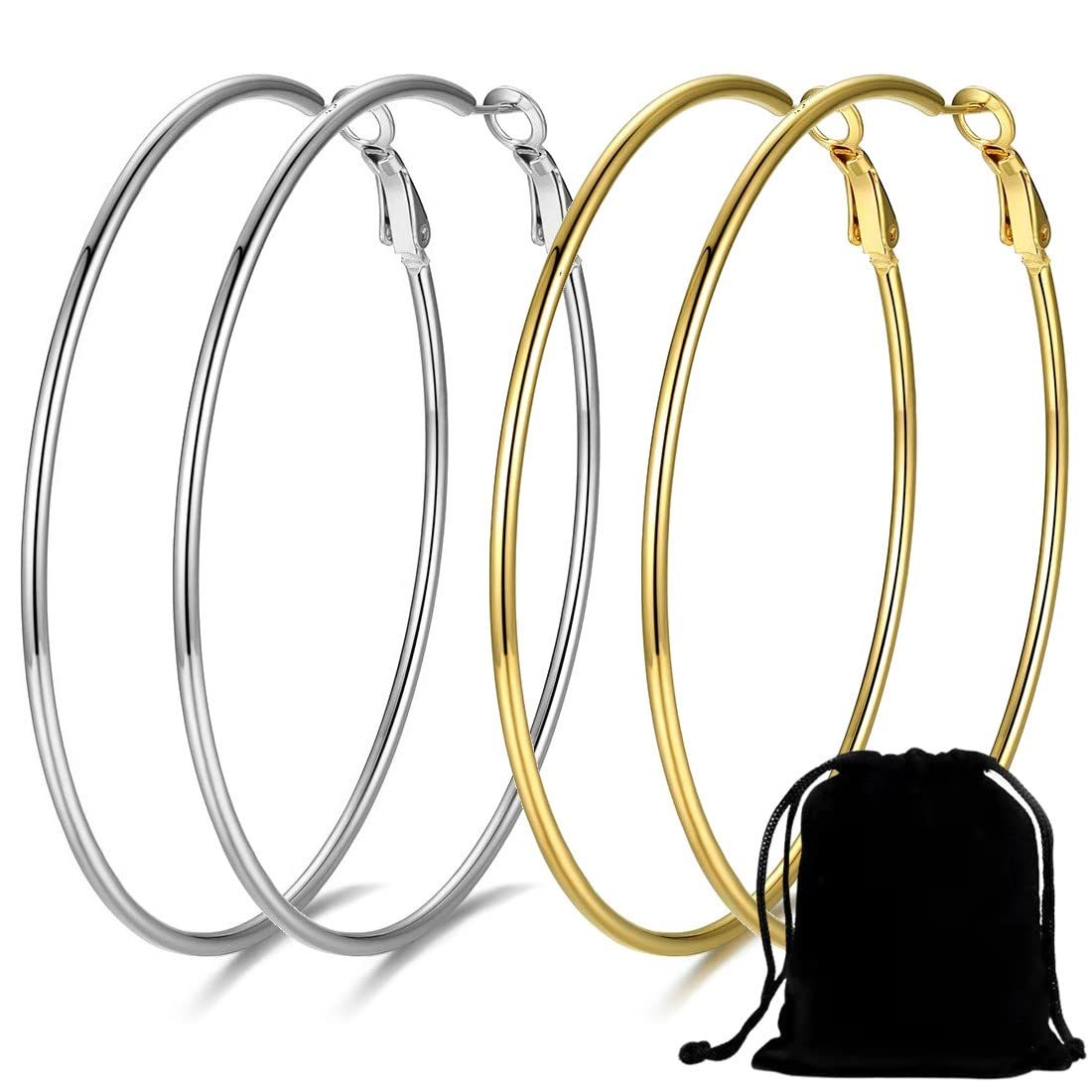 Orecchini Hoops Cerchi in Argento 925 millesimi con Zirconi Brillantini Incassati Orecchino Rotondo Cerchio Donna Diamentro 2.80cm