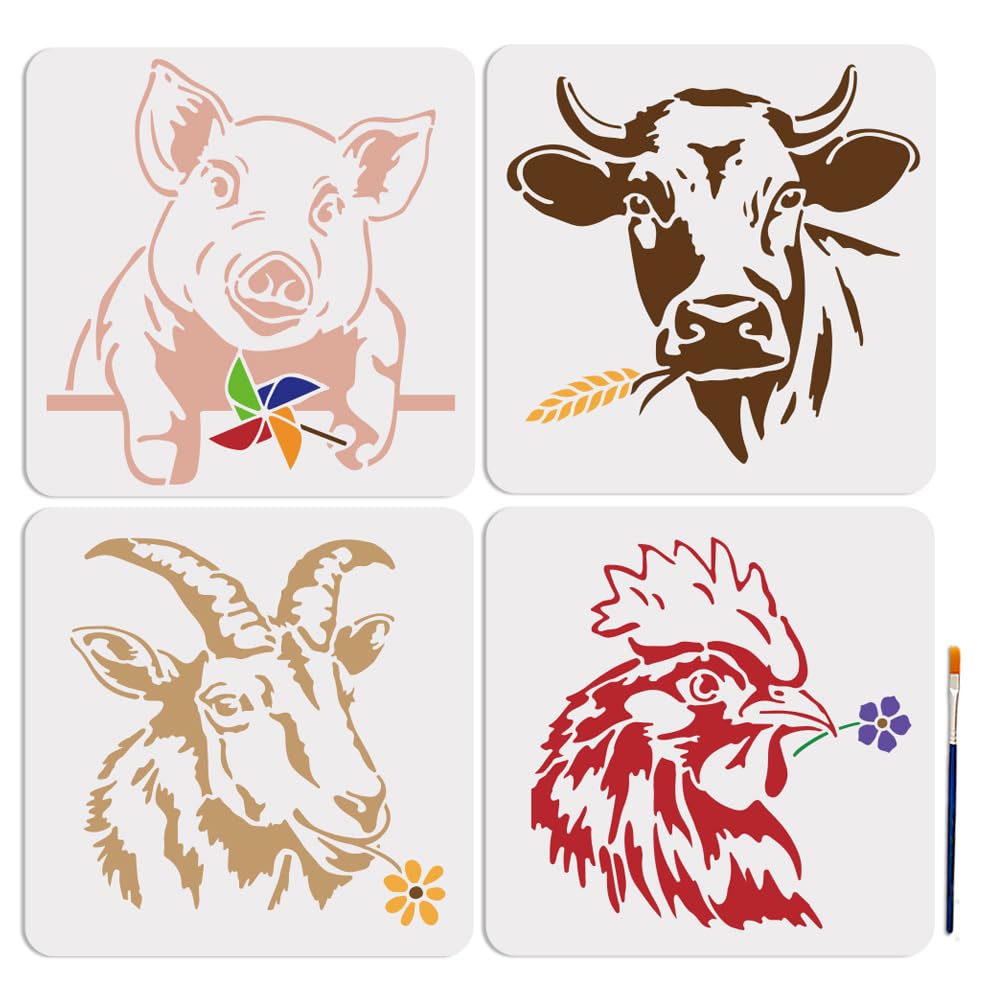 Pochoirs animaux de ferme 30x30 cm grand modèle de dessin de coq et vache pour peinture sur bois