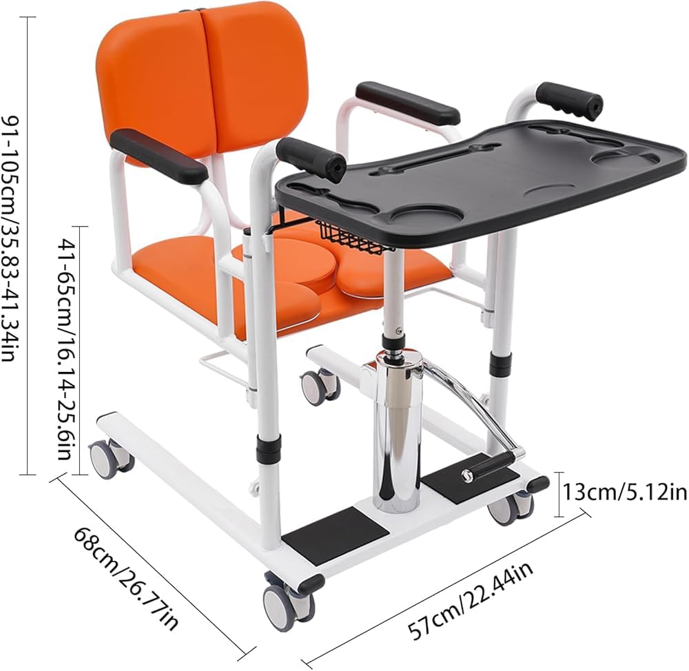 Sedia idraulica per il trasferimento del paziente con cuscino rimovibile e vasino per assistenza domiciliare per anziani e disabili