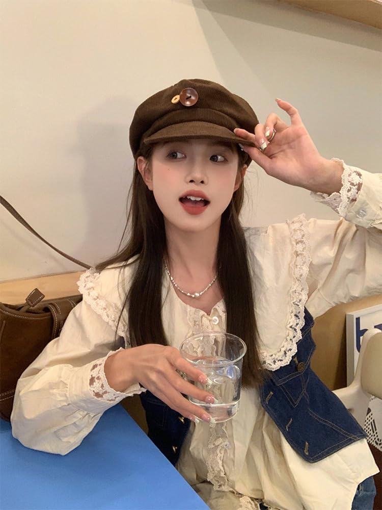 Corduroy Newsboy Hats for Women Vintage Button Decor Paperboy Painter Beret Cap Japanese Y2K Acubi Emo Headwear - Image 6