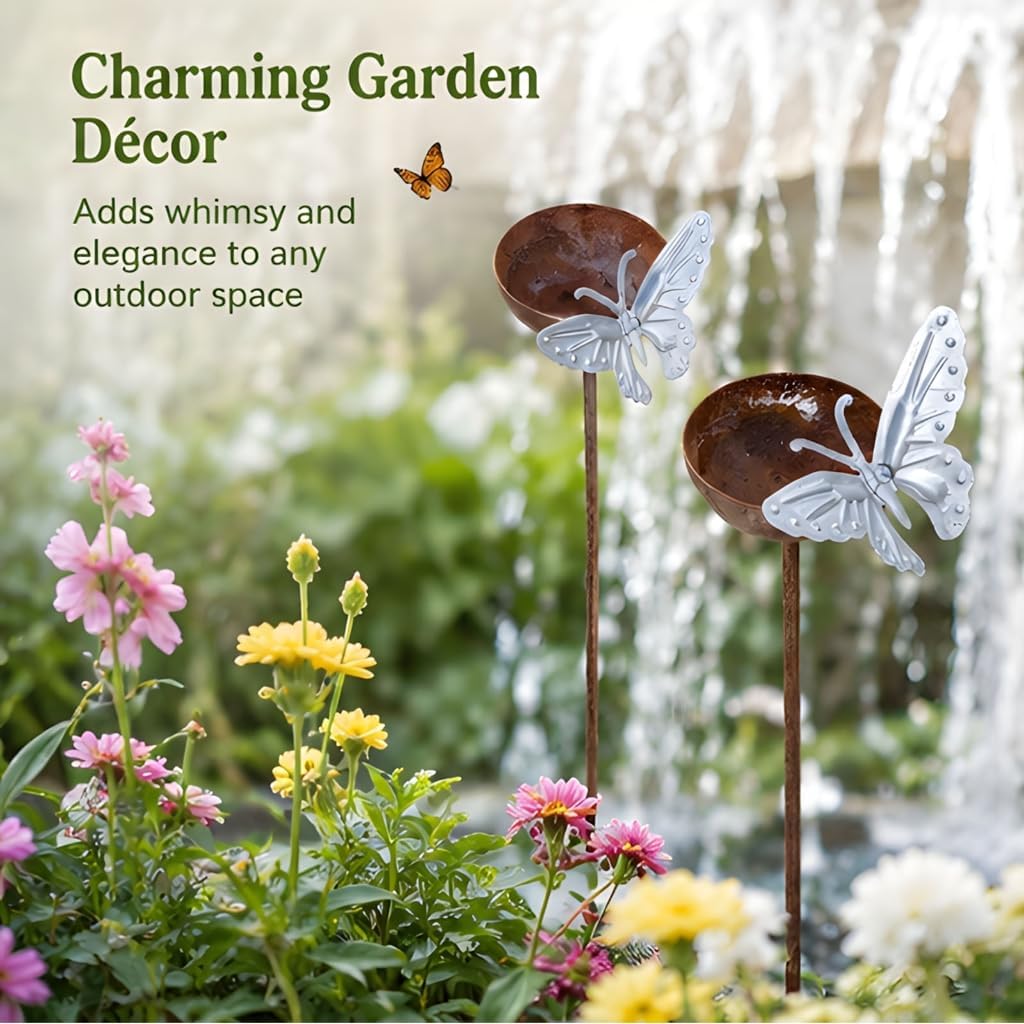 Outdoor Wildlife Water Cup Stakes with White Butterfly Metal Bowl Pair