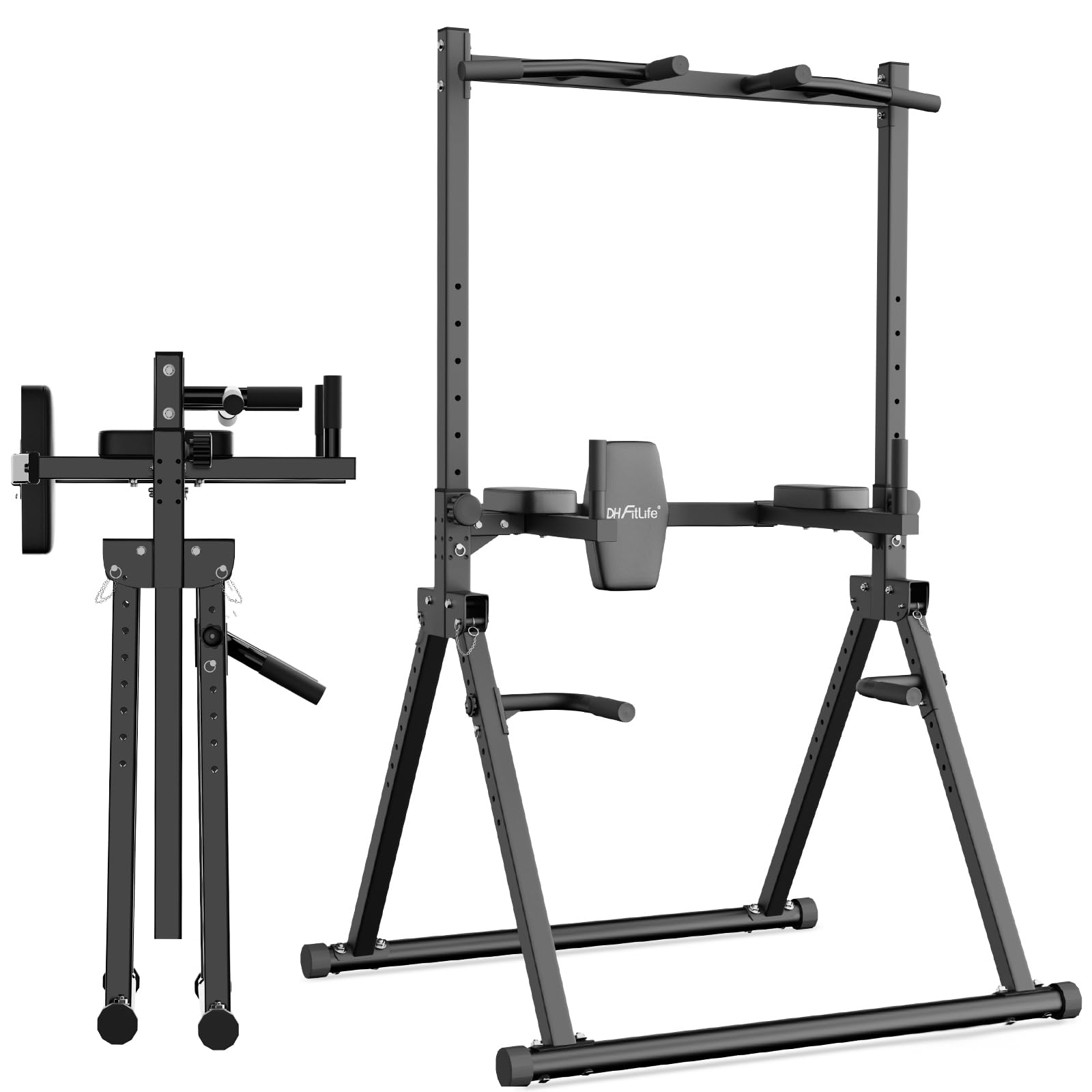 DH FitLife Power Tower Dip Station plegable, barra de dominadas independiente con barra de inmersión y soportes para mancuernas/respaldo, estación de fuerza, estación de fitness, Power Rack para