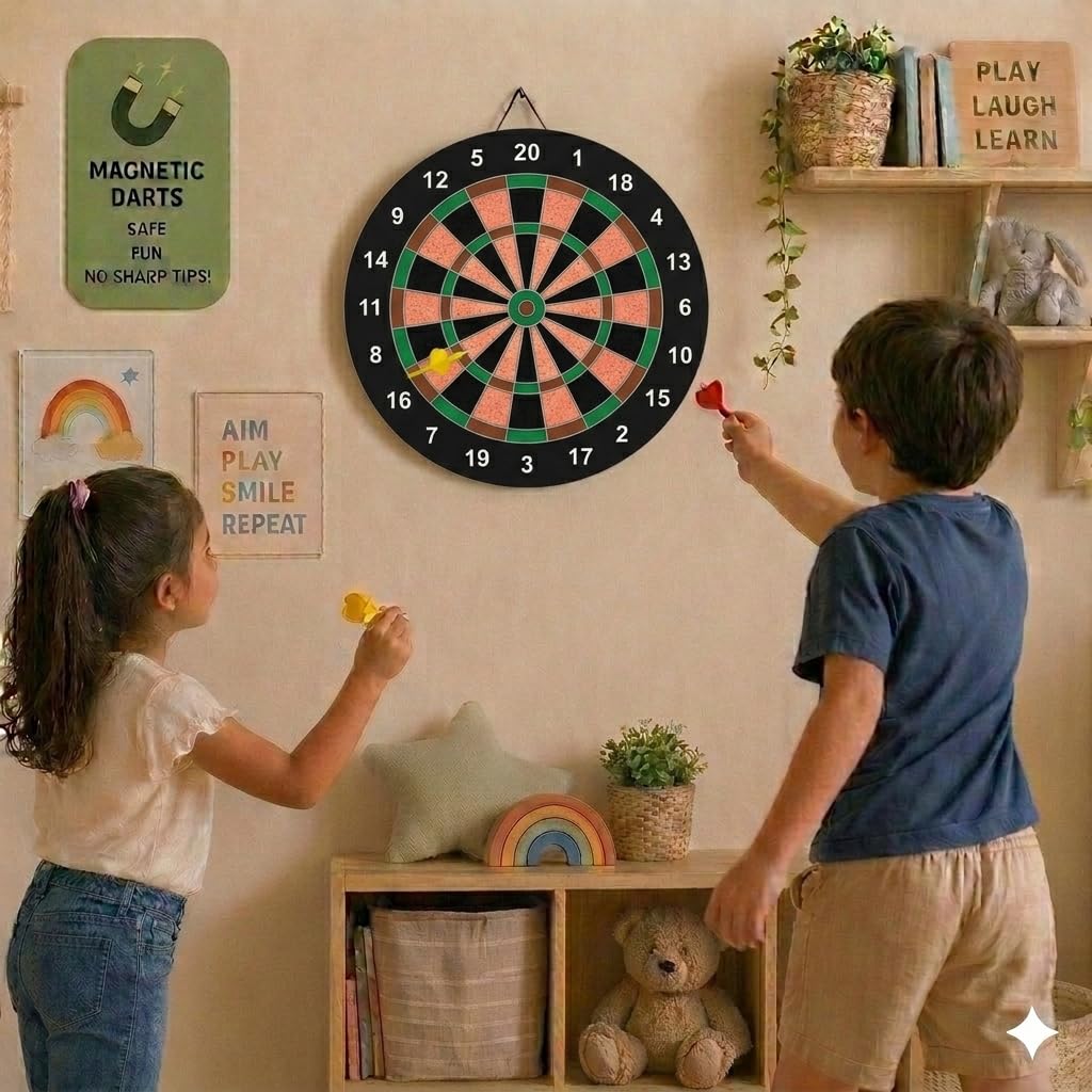 Magnetic Dart Board 22.5 CM for Kids Indoor Game, Safe Dart Board Toy with 3 Magnetic Darts, Double Sided Target Board, Family Party Game, Wall Hanging Sports Toy (Orange)-image-16
