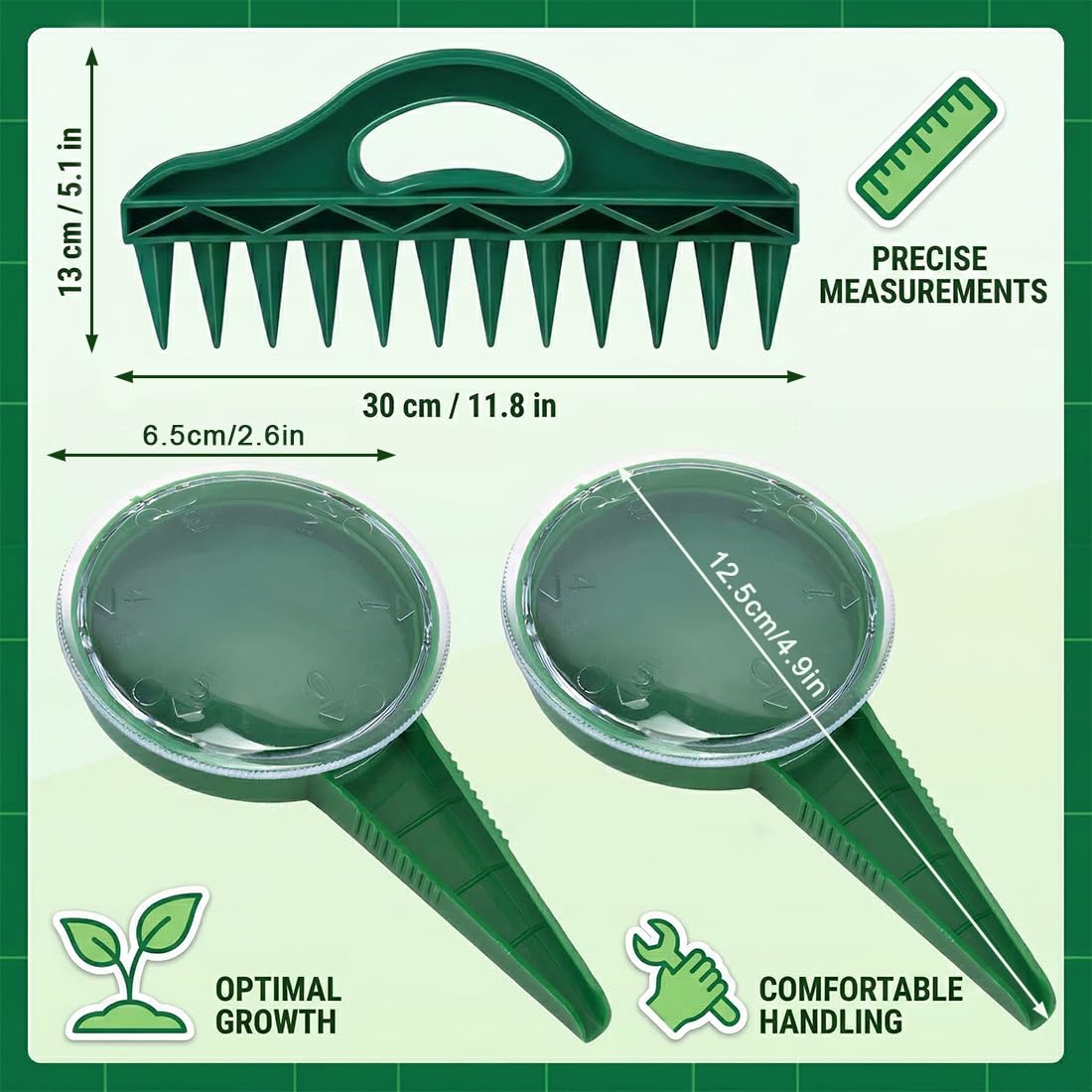 2pcs Seminatore manuale regolabile con 1 pc rastrello verde scuro per piantare verdure frutta e fiori per appassionati di giardinaggio