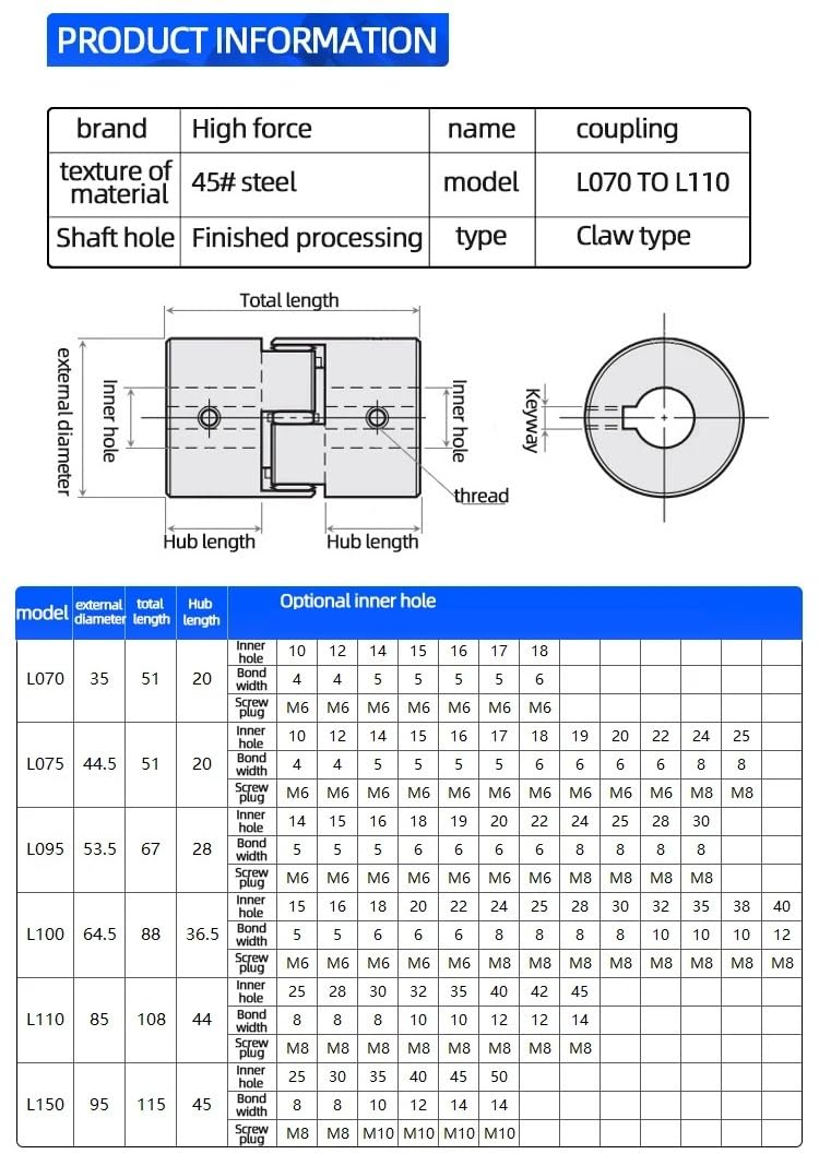 Accouplement à trois mâchoires de Type L, alésage L110 D85 L108, coupleur en acier au carbone 25/28/30/32/35/4042/45mm(25-35)