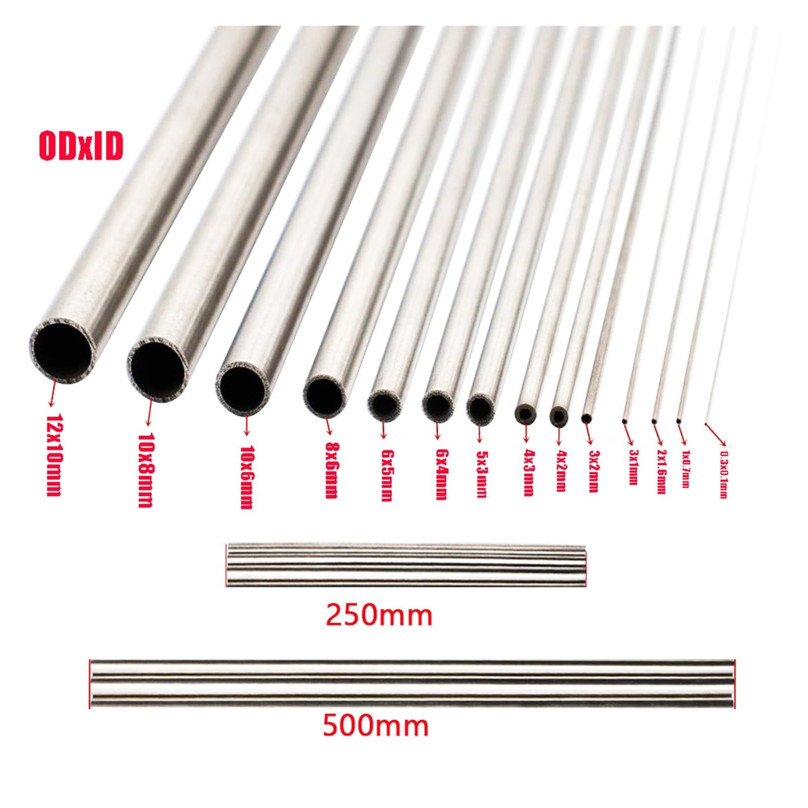 rura miedziana, 39 rozmiarów 250 mm 500 Długość 304 Bezszwowa rurka kapilarna ze stali nierdzewnej 10 x 8/6 4 3 2 12(6x2x250mm 2pcs)