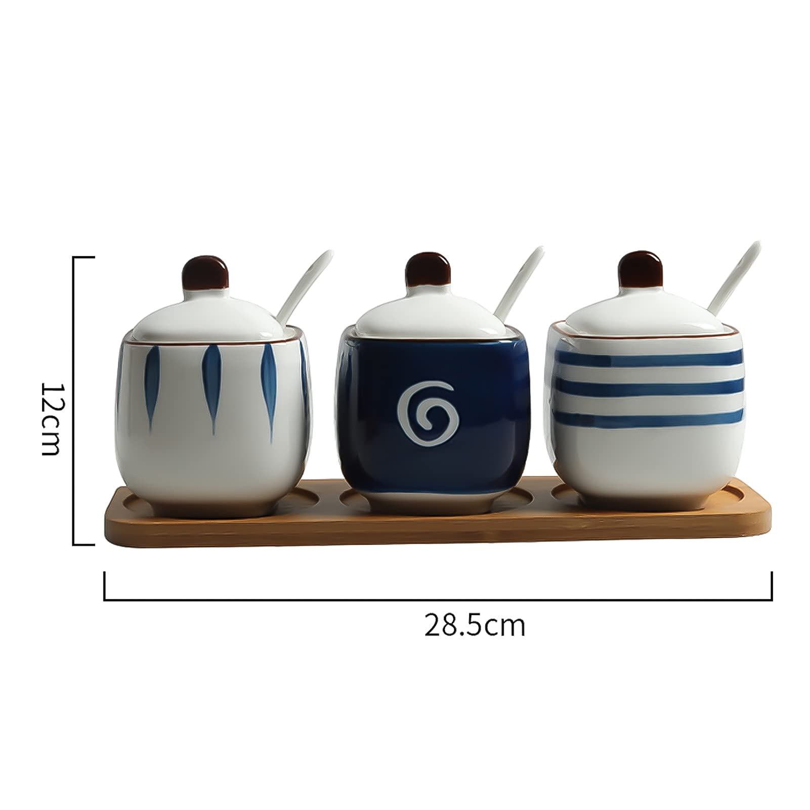 Juego de 3 recipientes de cerámica para especias de estilo japonés con 3 cucharas y tapas, juego de tarros de especias de cerámica para almacenamiento de cocina, pimienta, azúcar, sal, especias, 3