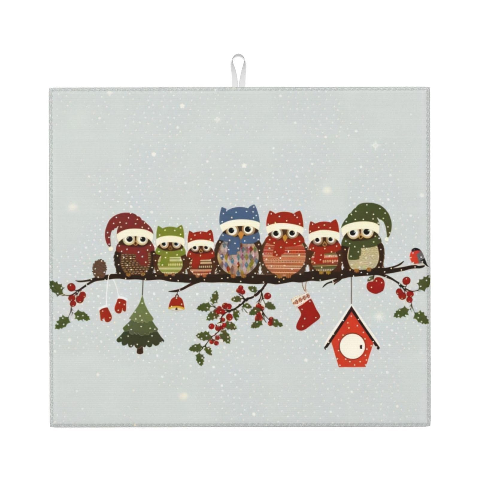 YYHWHJDE Cute Christmas Owls On Branch Prints Kitchen Drying Mat – Absorbent Microfiber Throw for Dishes, Non-Slip Counter Cover, Quick-Dry Layer with Durable Construction