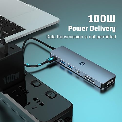Miniatura 5 de Oditton Hub USB C 7 en 1, concentrador adaptador multipuerto con HDMI, carga de 100 W, 3 USB 3.0, lector de tarjetas SDTF, compatible con portátiles