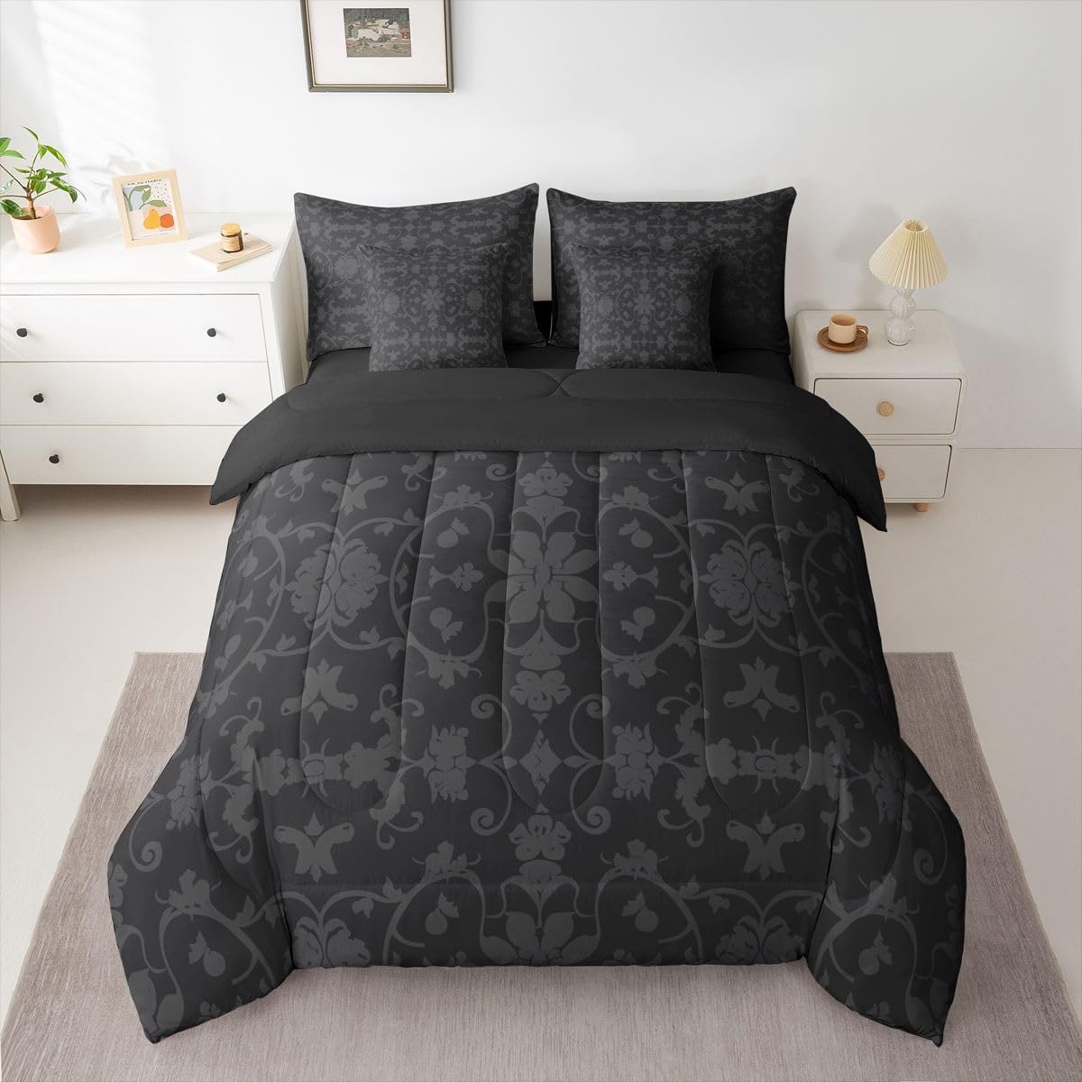 Feelyou Gothic Damask Queen Comforter Set with Sheets for Kids Boys Girls Vintage Boho Floral 7 Pieces Bedding Set Bohemian Exotic Goth Bed in a Bag Victorian Baroque Flower Soft