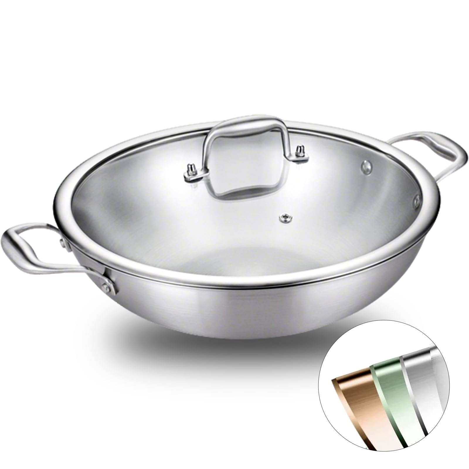 DELARLOCHEF Edelstahl Wokpfannen: Unbeschichtet Pfanne Deckel,752°F(400℃) Backofensicher,Induktion, Gasherd,Hoher Rand,Abnehmbare Griff