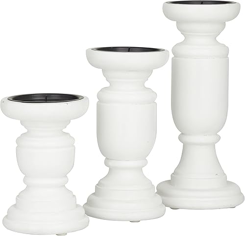 Miniatura 7 de Deco 79 Mango - Portavelas de pilar de madera torneada, juego de 3 10 pulgadas, 8 pulgadas, 6 pulgadas de alto, blanco