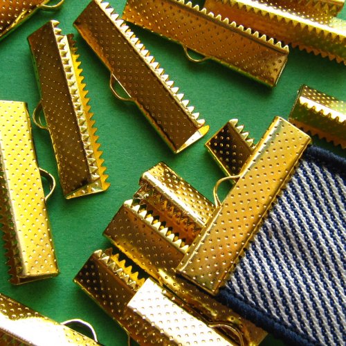 25mm or 1 inch Ribbon Clamp Crimps with Loop - Gold