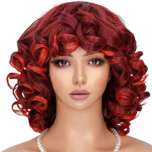 Miniatura 8 de Pelucas rizadas para mujeres negras, peluca rizada corta negra y marrón con flequillo, suave, grande, flexible, esponjosa, pelucas sintéticas afro