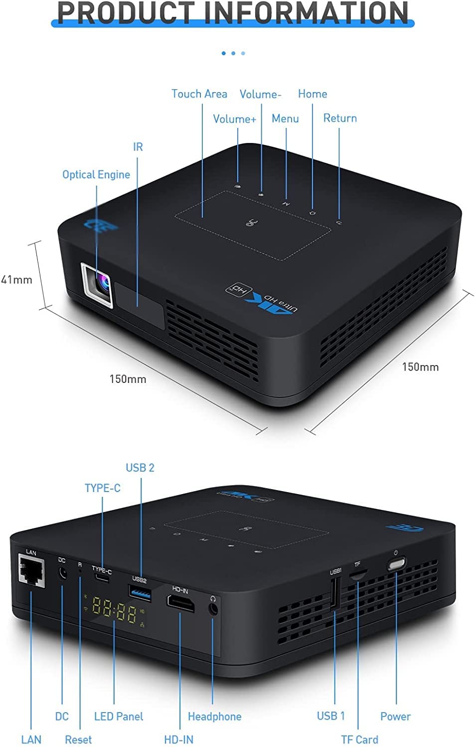 ARTSZY Proiettore Mini DLP P15 Proiettore video tascabile compatibile con HDMI Portatile Android Home Theater Bluetooth 3D Proyector