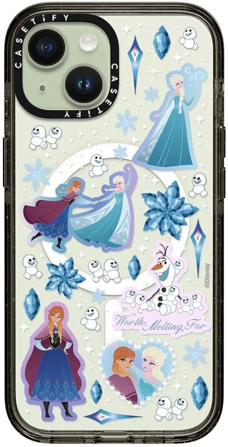 CASETiFY Impact iPhone 15 Case [Frozen Co-Lab / 8.2ft Drop Protection/Compatible with Magsafe] - Frozen Friends Stickermania - Clear Black