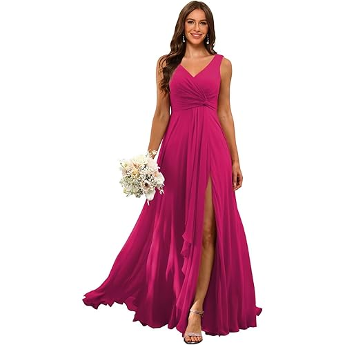 RSOETOO Chiffon Bridesmaid Dresses with Pockets A-line Ruffles Long Chiffon Formal Party Dress with Slit RO056